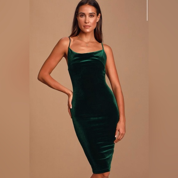 Lulu’s Jazzy Belle Dark Green Velvet Dress - Size L - Picture 1 of 3